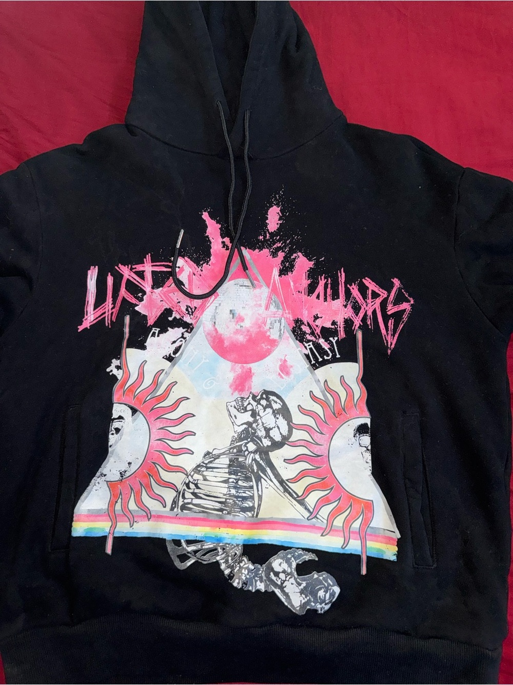 Men's Black Graphic Hoodie with Pink Accent Print